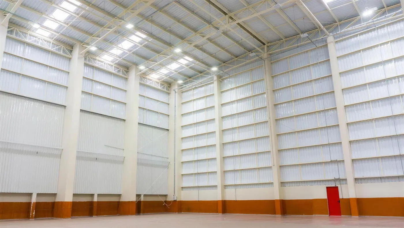 Interior do galpão entregue, com pé-direito alto e cobertura translúcida